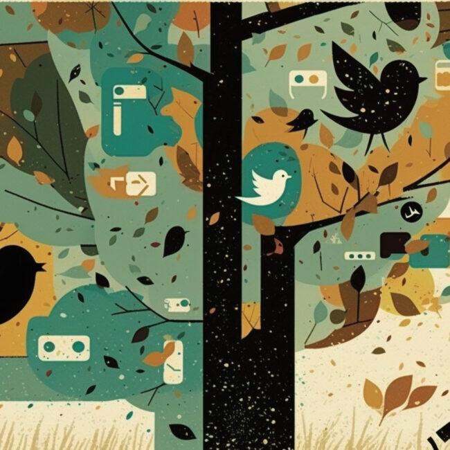 Das Bild zeigt einen Baum mit vielen Vögeln. Er soll zeigen, dass Leichte Sprache die Transparenz von Behördern fördert.