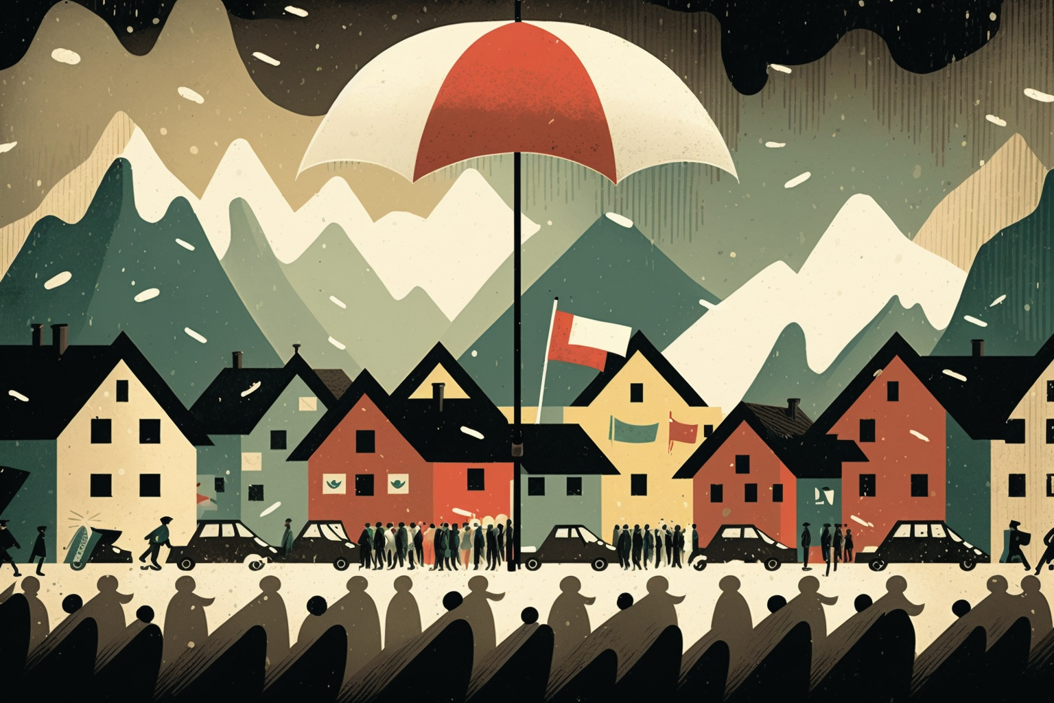 Eine Stadt wird mit einem Schirm vor dem drohenden Unwetter geschützt