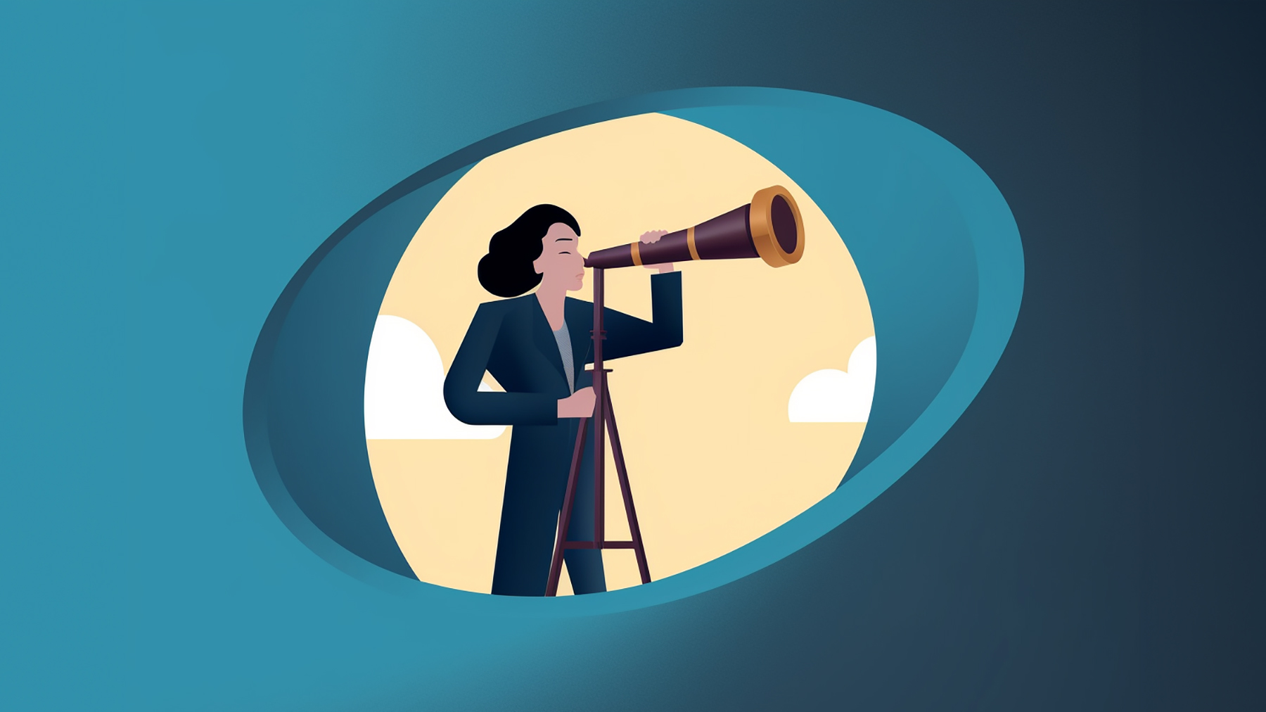 Das Bild zeigt eine Frau, die durch ein Teleskop blickt. Sie steht sinnbildlich für ein Ziel, das sie gern erreichen möchte.